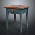 Vintage Wooden Top Side Table With Blue Legs And Single Drawer