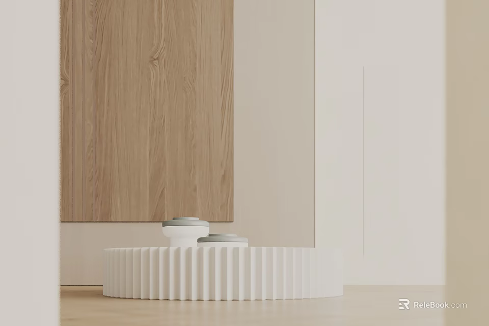 Elegant Modern Sofa Coffee Table Combination With White Ribbed Coffee Table And Wooden Backdrop 3d model