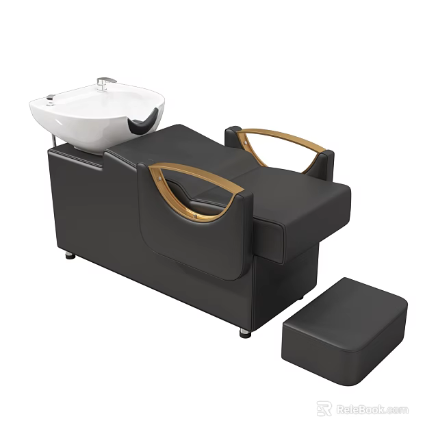 Black Salon Recliner Chair With White Sink Basin Golden Armrests And Black Footstool 3d model 