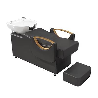Black Salon Recliner Chair With White Sink Basin Golden Armrests And Black Footstool 3d model