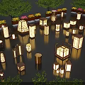 Various Styles of Illuminated Outdoor Lights in Garden With Trees and Flowers