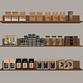 Wooden Shelves Display Various Packaged Products In Organized Rows 3d model