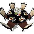 Classic Dining Table Set with Carved Chairs Upholstered Backrest Vase with Flowers and Tableware