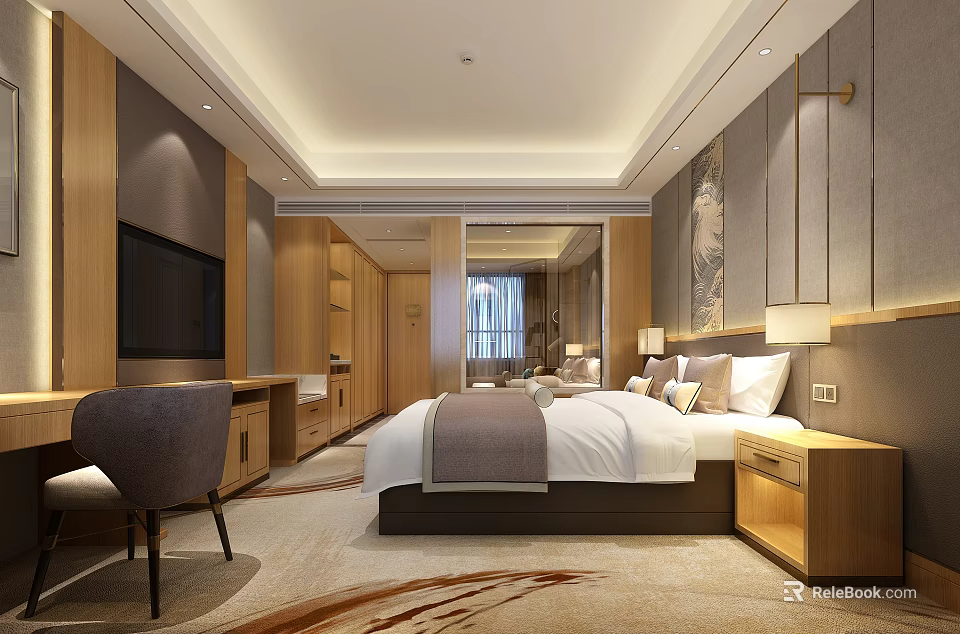 Modern Hotel Guest Room With Double Bed TV Wooden Desk And Decorative Painting 3d model 