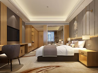 Modern Hotel Guest Room With Double Bed TV Wooden Desk And Decorative Painting 3d model