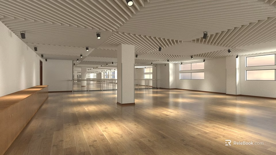 Spacious Fitness Studio With Wooden Floor And Mirrors 3d model 