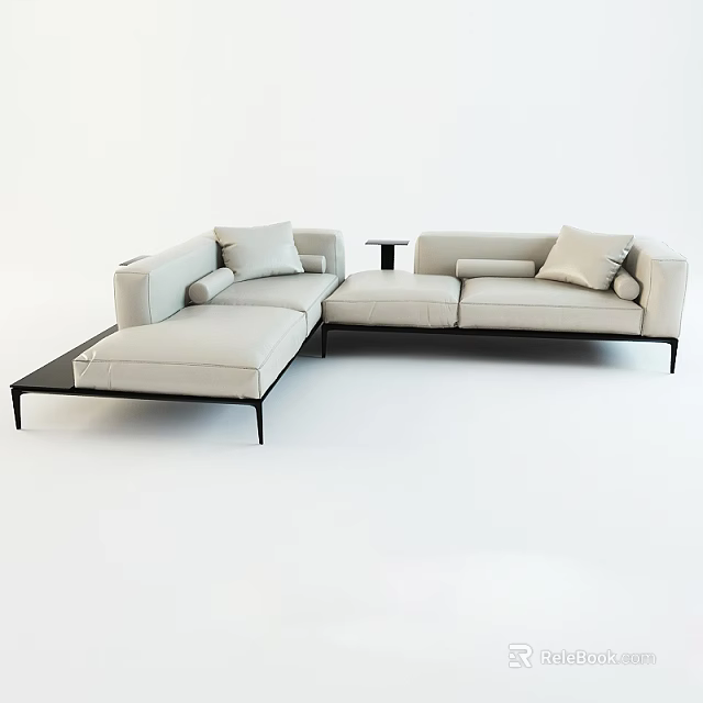 Modern Beige Sectional Sofa With Black Metal Legs And Small Side Table 3d model