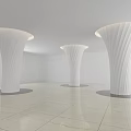White Curved Textured Columns In Modern Interior With Illuminated Tops And Tile Floor