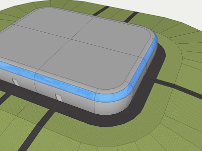 Modern Stadium Building With Curved Gray Roof Blue Accent Strips Green Area And Black Pathways 3d model