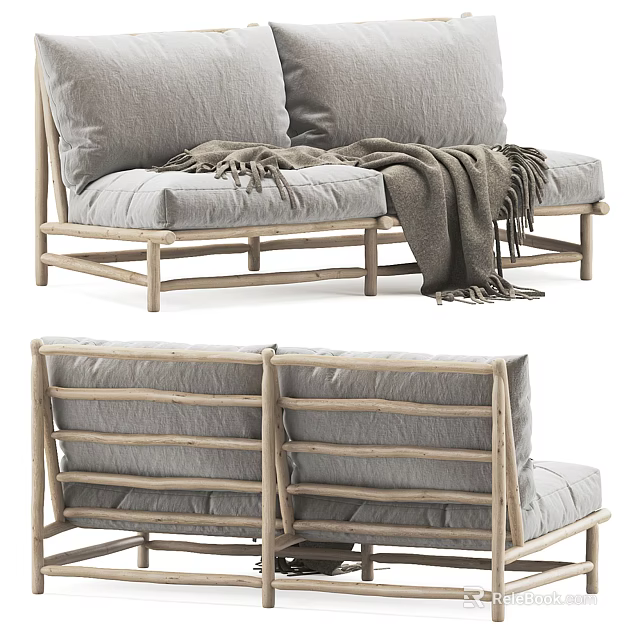 Cozy Modern Two Seater Sofa With Gray Cushions Wooden Frame And Throw Blanket 3d model 