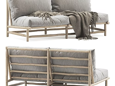 Cozy Modern Two Seater Sofa With Gray Cushions Wooden Frame And Throw Blanket 3d model