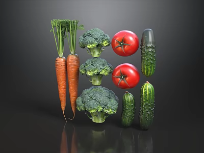 Fresh Assorted Vegetables Display Including Carrots Broccoli Tomatoes And Cucumbers on Black Background 3d model