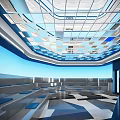 Modern Conference Room Interior With Blue White Ceiling Geometric Patterns And Large Screen 3d model