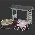 Wooden Boat in Outdoor Area with Boathouse Grill Table and Chairs Surfboard Rack