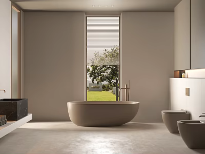 Modern Minimalist Neutral Toned Bathroom With Freestanding Bathtub Stylish Sanitary Fixtures And Bright Natural Lighting 3d model