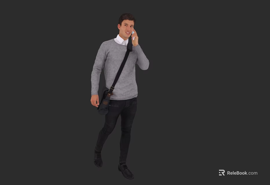 Man Talking on Phone in Gray Sweater with Black Crossbody Bag Against Dark Gray Background 3d model 