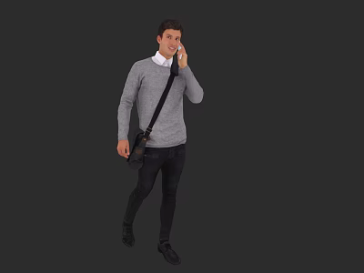 Man Talking on Phone in Gray Sweater with Black Crossbody Bag Against Dark Gray Background 3d model