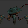 Teal Mechanical Creature With Spikes Red Glowing Core And Metal Legs Adorned With Circular Decorations