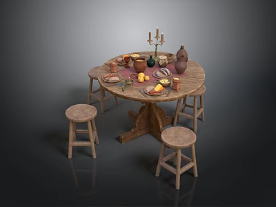 Round Wooden Dining Table With Surrounding Wooden Stools Tableware Fruits Candleholder And Clay Vase 3d model
