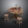 Round Wooden Dining Table With Surrounding Wooden Stools Tableware Fruits Candleholder And Clay Vase