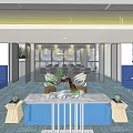 Modern Open Public Office Space With Blue Sofas Bookshelves And Workstations 3d model