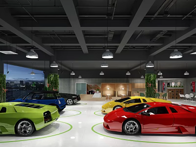 Modern Car Showroom Interior With Red Green Blue Yellow Sports Cars And Hanging Lights 3d model