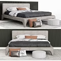 Modern Double Bed Bedroom Interior With Decorative Pillows Round Footstool And Striped Wall