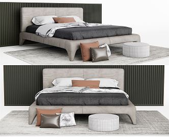 Modern Double Bed Quilt Bedding Quilt Cover Pillow Carpet Sofa Stool Round Sofa and Other Low Stool 3d model