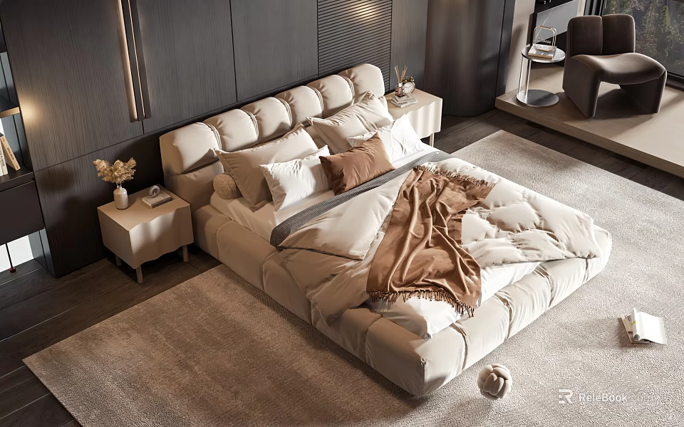 Modern Double Bed with Upholstered Headboard Pillows and Blanket in Neutral Tones 3d model 