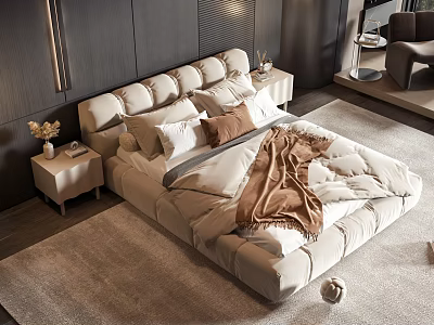 Modern Double Bed with Upholstered Headboard Pillows and Blanket in Neutral Tones 3d model