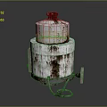 Rusted Metal Cylindrical Industrial Equipment with Top Lid and Connected Wire on Reflective Surface