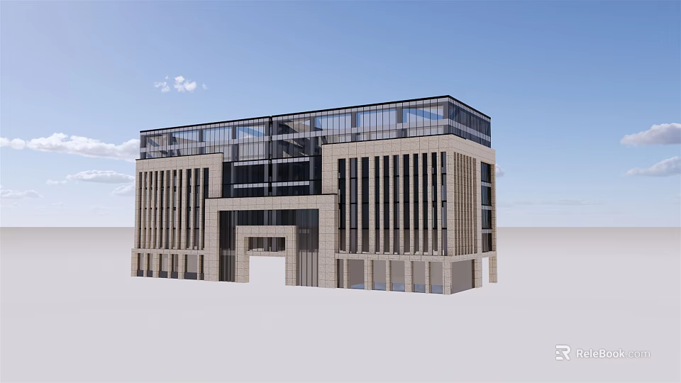 Modern Office Building With Glass Curtain Wall Stone Facade And Multi Story Entrance Design 3d model 