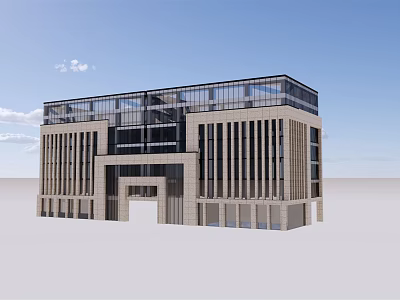 Modern Office Building With Glass Curtain Wall Stone Facade And Multi Story Entrance Design 3d model