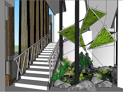 Contemporary Indoor Landscape Featuring Staircase Railing Green Plants Geometric Structures And Rock Decor 3d model