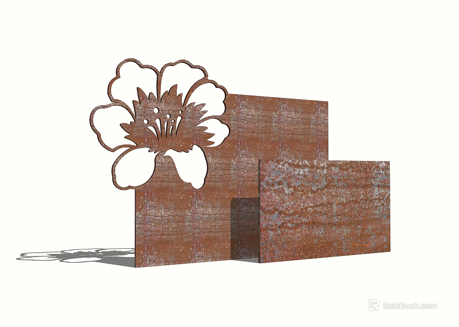 Rust Colored Feature Wall With Floral Cutout Design And Stacked Blocks 3d model