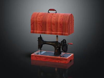 Vintage Industrial Sewing Machine With Black Body Wooden Cover And Red Base 3d model