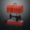 Vintage Industrial Sewing Machine With Black Body Wooden Cover And Red Base