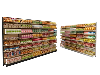Retail Display Shelves With Multiple Tiers Holding Various Packaged Products In Retail Store 3d model