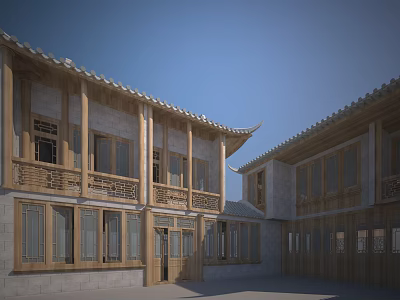 Traditional Chinese Ancient Architecture Featuring Wooden Structure Overhanging Eaves Gray Brick Walls And Courtyard Design 3d model
