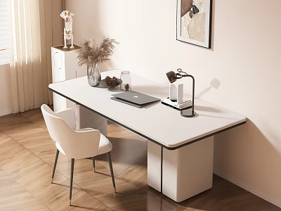 Modern White Home Office Desk with Laptop Lamp Vase Chair and Wooden Floor 3d model