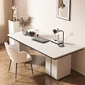 Modern White Home Office Desk with Laptop Lamp Vase Chair and Wooden Floor