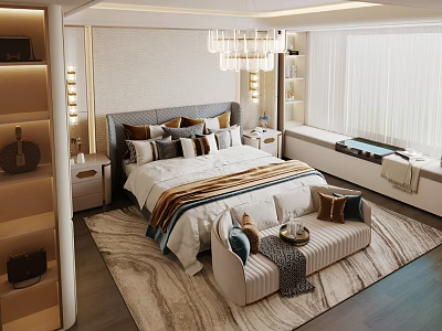 Elegant Modern Bedroom Interior With King Bed Chandelier Area Rug And Accent Chair 3d model