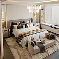 Elegant Modern Bedroom Interior With King Bed Chandelier Area Rug And Accent Chair