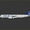 Shiny White Airplane Model With Blue Tail And MO-21 Bio Markings On Glossy Surface