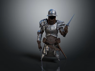 Medieval Warrior In Shiny Metallic Armor Holding Sharp Sword And Helmet 3d model