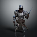 Medieval Warrior In Shiny Metallic Armor Holding Sharp Sword And Helmet 3d model