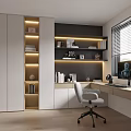 Modern Home Office With Light Wooden Floor Bookshelves Desk Computer Monitor And Gray Office Chair