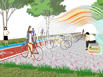 Colorful Curved Canopy Along Bicycle Path With Pedestrians Cycling And Greenery 3d model