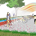 Colorful Curved Canopy Along Bicycle Path With Pedestrians Cycling And Greenery