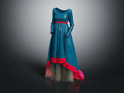 Elegant Blue Long Sleeve Dress with Red Accents and Tulle Hem Design 3d model